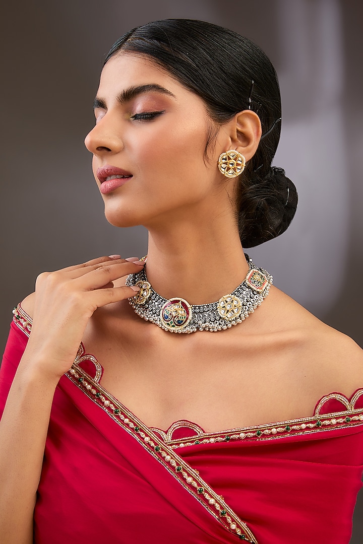 Gold Finish Kundan Polki Necklace Set by Aura Trends at Pernia's Pop Up Shop