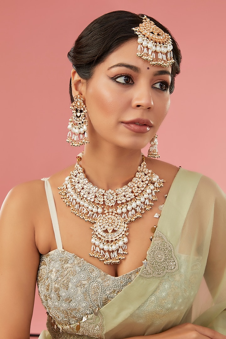 Gold Finish Kundan Polki Long Necklace Set by Aura Trends at Pernia's Pop Up Shop