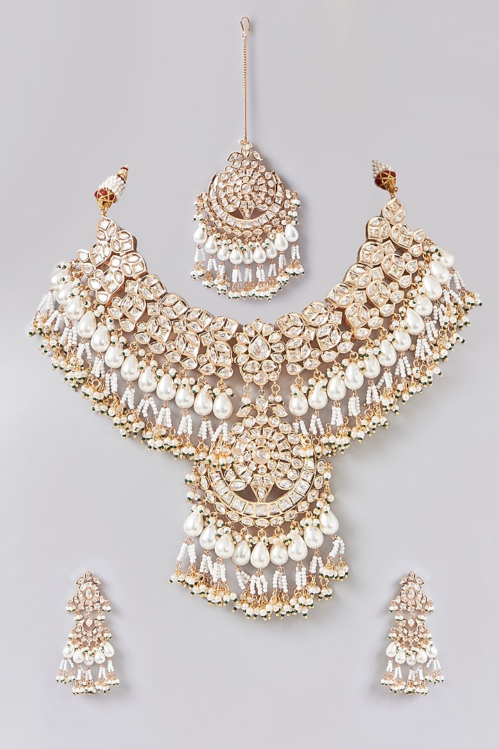 Gold Finish Kundan Polki Long Necklace Set by Aura Trends at Pernia's Pop Up Shop