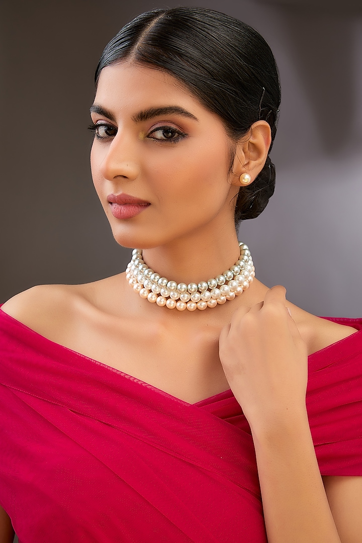 Gold Finish Beaded Pearl Layered Necklace Set by Auraa Trends at Pernia's Pop Up Shop