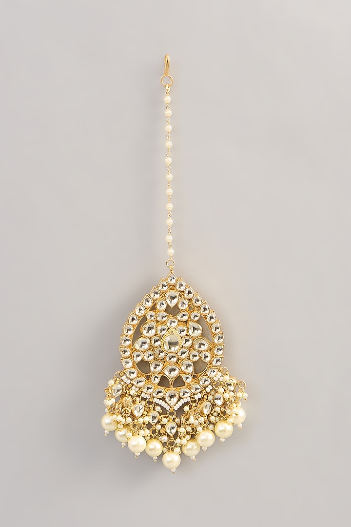 Gold Finish Kundan Polki & Pearl Maang Tikka by Aura Trends at Pernia's Pop Up Shop