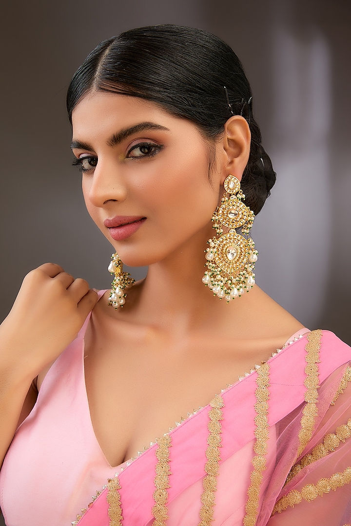 Gold Finish Kundan Polki Layered Chandelier Chandbali Earrings by Auraa Trends at Pernia's Pop Up Shop