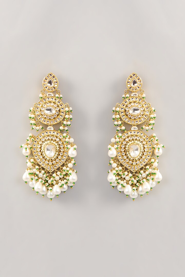Gold Finish Kundan Polki Layered Chandelier Chandbali Earrings by Aura Trends at Pernia's Pop Up Shop