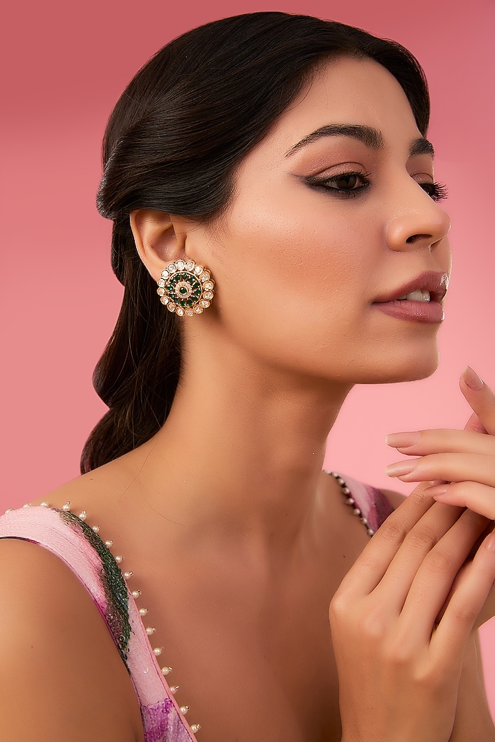 Gold Finish Kundan Polki & Zircon Stud Earrings by Aura Trends at Pernia's Pop Up Shop