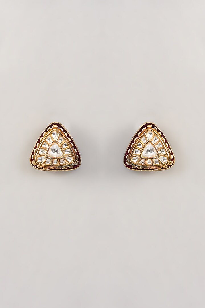 Gold Finish Kundan Polki & Red Enameled Stud Earrings by Aura Trends at Pernia's Pop Up Shop