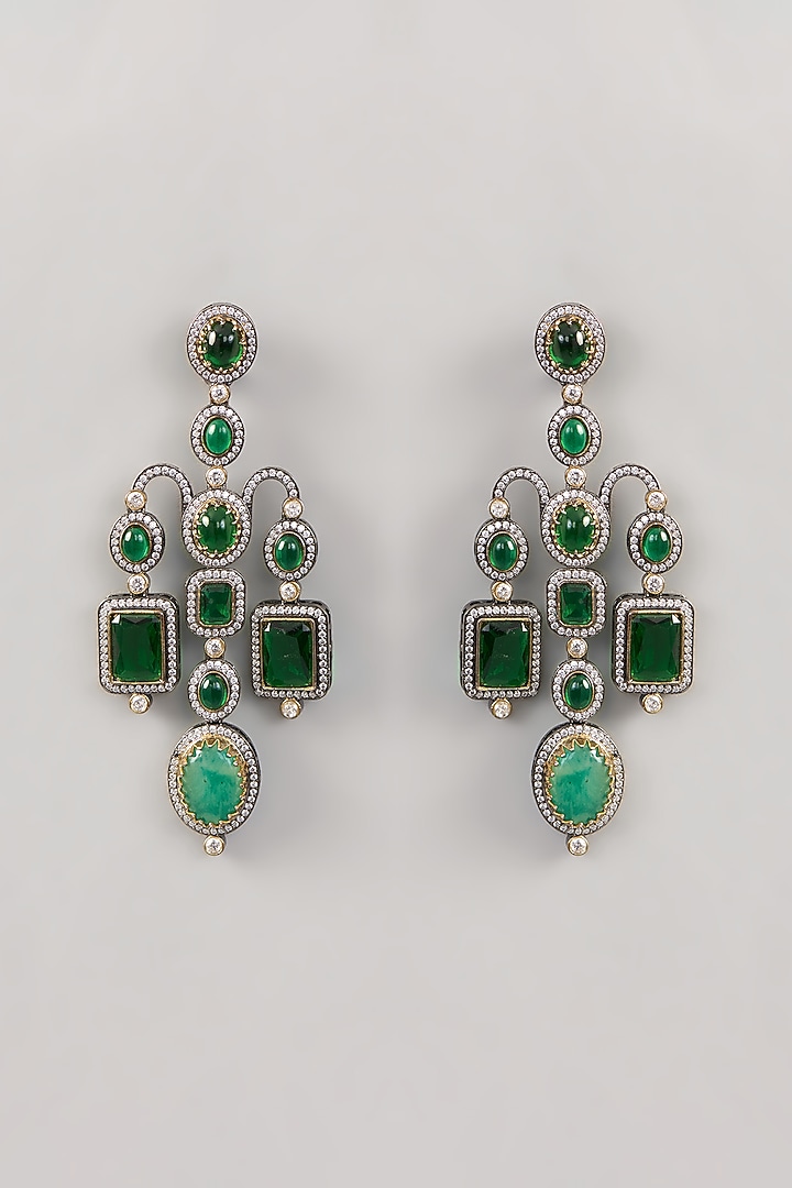 White Rhodium Finish Diamond & Green Zircon Dangler Earrings by Aura Trends at Pernia's Pop Up Shop