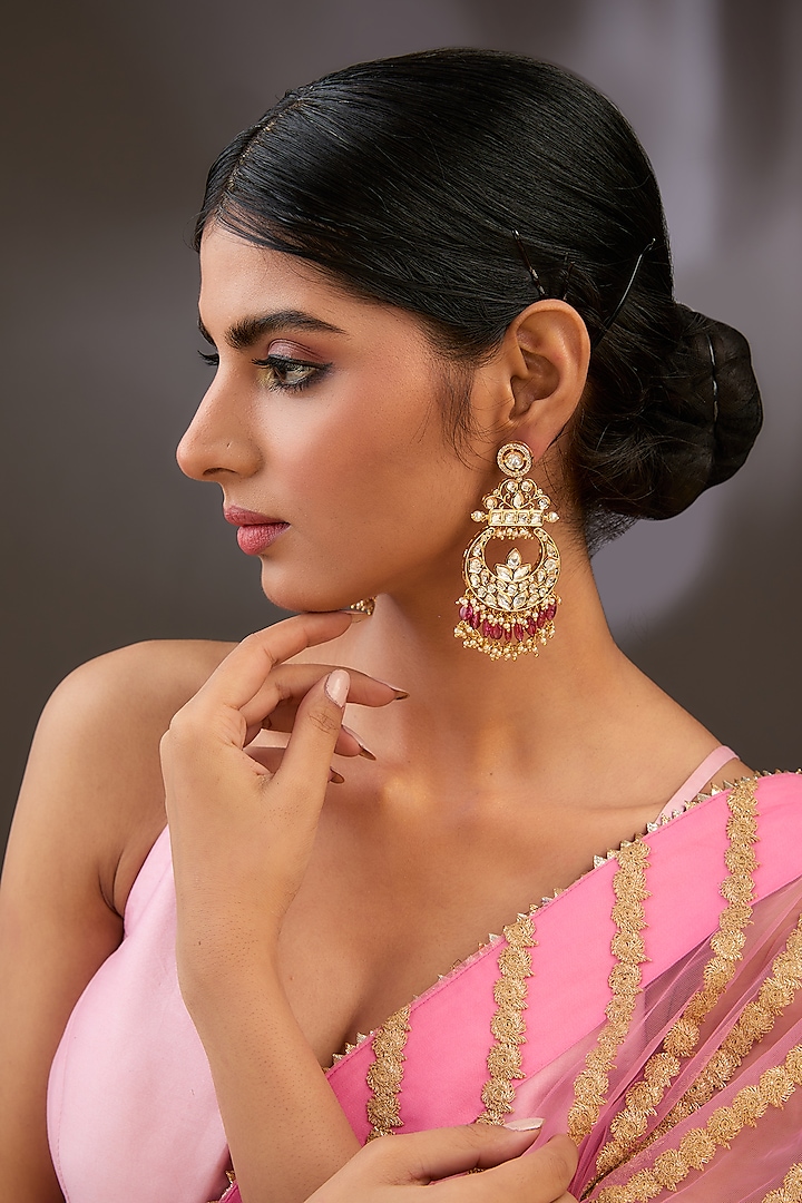 Gold Finish Kundan Polki Chandbali Earrings by Auraa Trends at Pernia's Pop Up Shop
