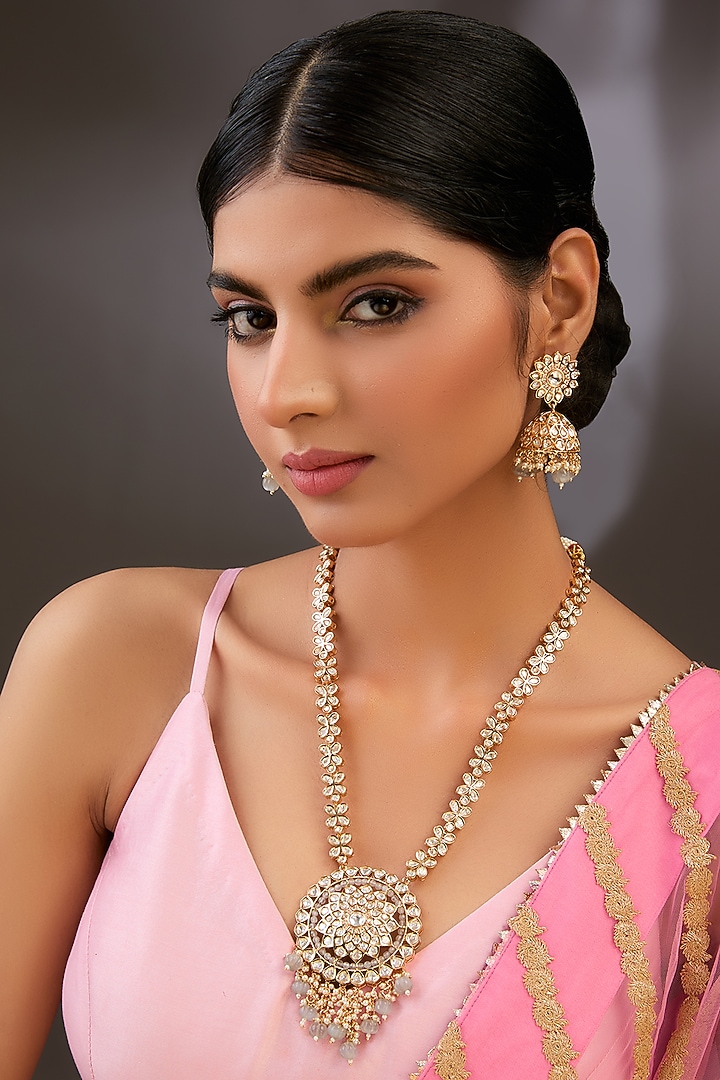 Gold Finish Kundan Polki Long Necklace Set by Aura Trends at Pernia's Pop Up Shop