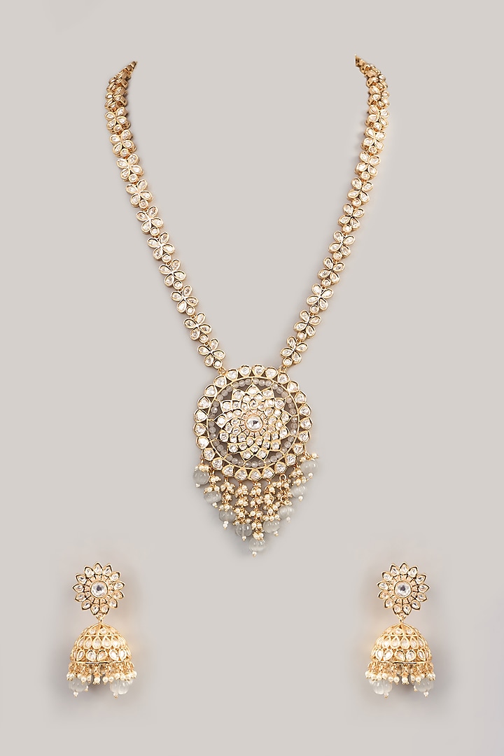 Gold Finish Kundan Polki Long Necklace Set by Aura Trends at Pernia's Pop Up Shop