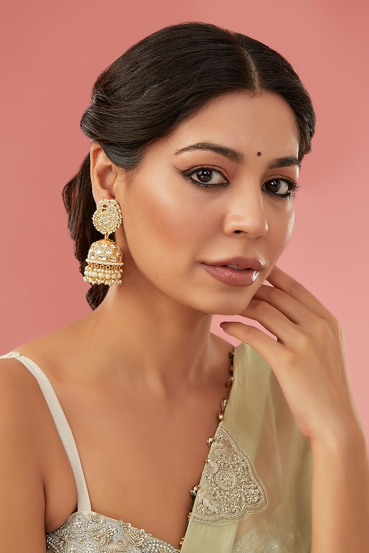 Gold Finish Kundan Polki & Pearl Jhumka Earrings by Aura Trends at Pernia's Pop Up Shop