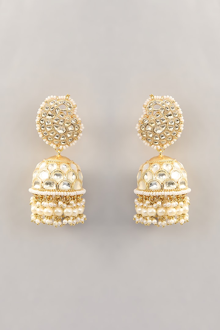 Gold Finish Kundan Polki & Pearl Jhumka Earrings by Aura Trends at Pernia's Pop Up Shop