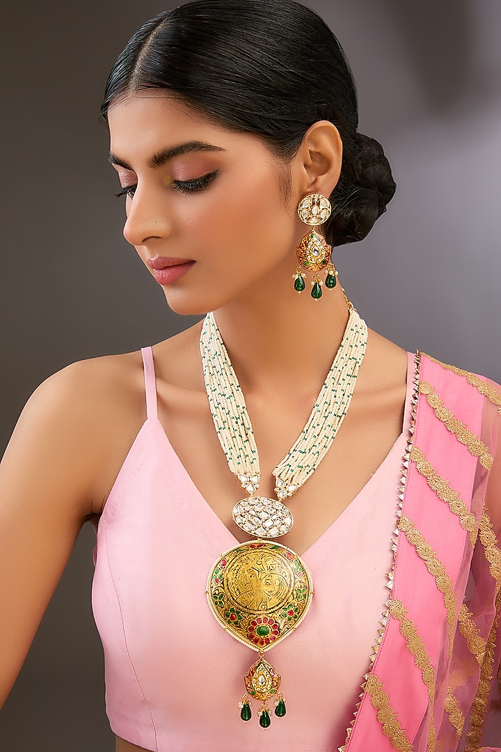 Gold Finish Kundan Polki & Beaded Long Necklace Set by Aura Trends at Pernia's Pop Up Shop