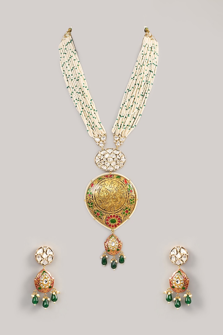 Gold Finish Kundan Polki & Beaded Long Necklace Set by Aura Trends at Pernia's Pop Up Shop