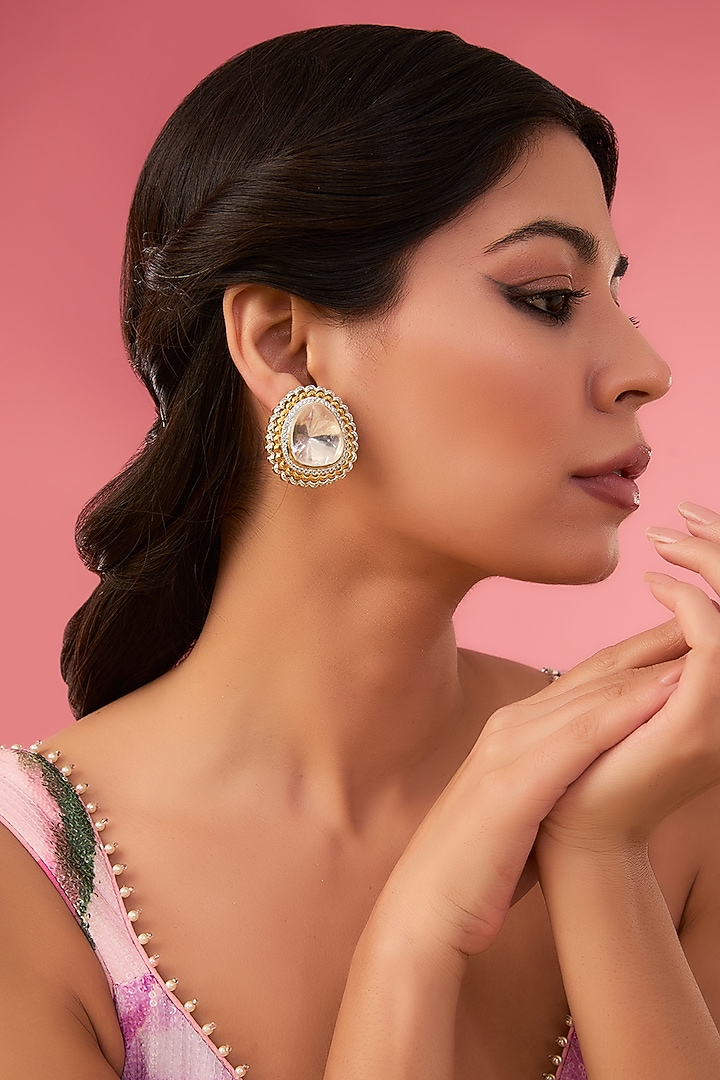 Gold Finish Kundan Polki Stud Earrings by Aura Trends at Pernia's Pop Up Shop
