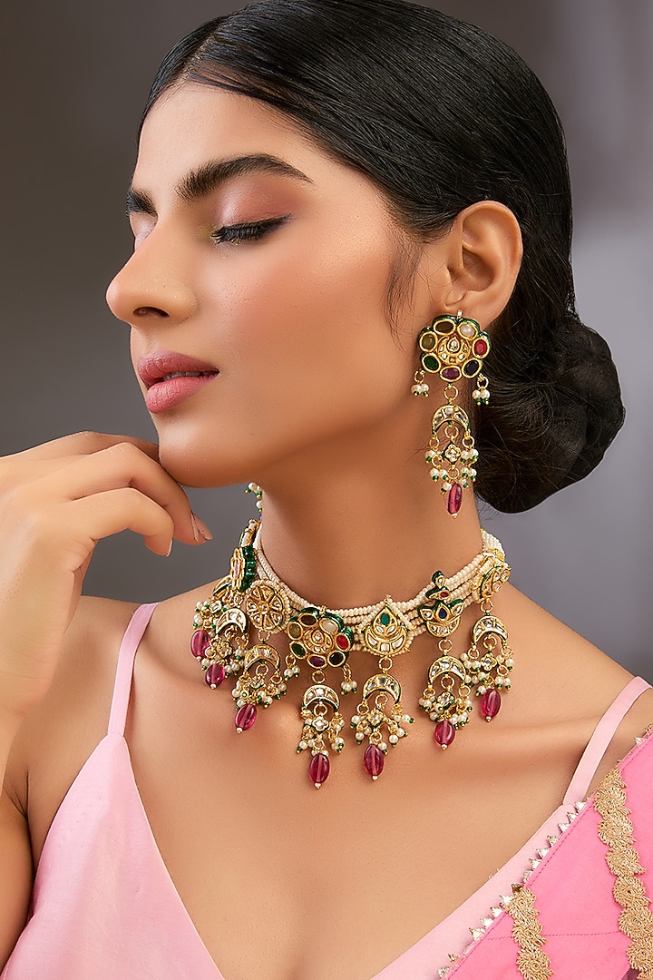 Gold Finish Kundan Polki & Beaded Choker Necklace Set by Aura Trends at Pernia's Pop Up Shop