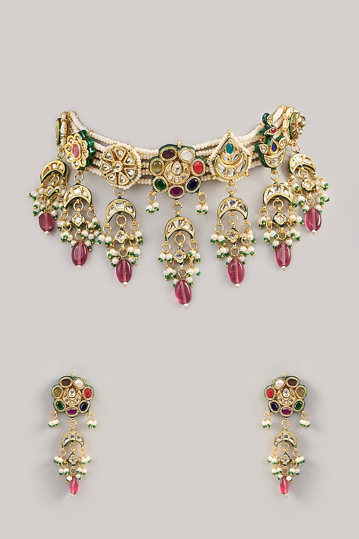 Gold Finish Kundan Polki & Beaded Choker Necklace Set by Aura Trends at Pernia's Pop Up Shop