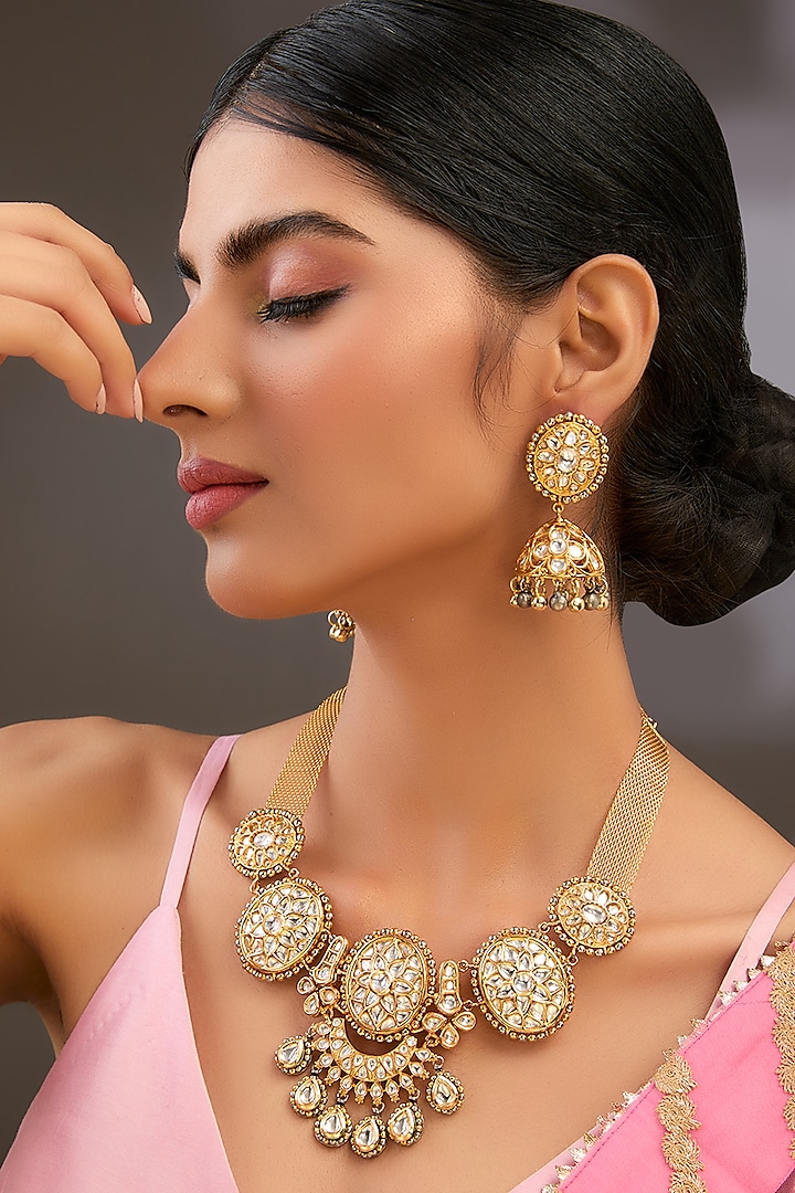 Gold Finish Kundan Polki Necklace Set by Auraa Trends at Pernia's Pop Up Shop