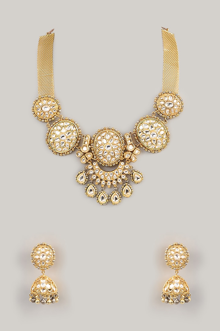 Gold Finish Kundan Polki Necklace Set by Aura Trends at Pernia's Pop Up Shop