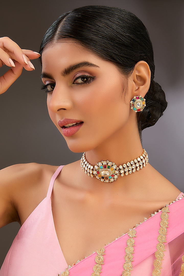 Gold Finish Kundan Polki & Navratna Stone Choker Necklace Set by Auraa Trends at Pernia's Pop Up Shop