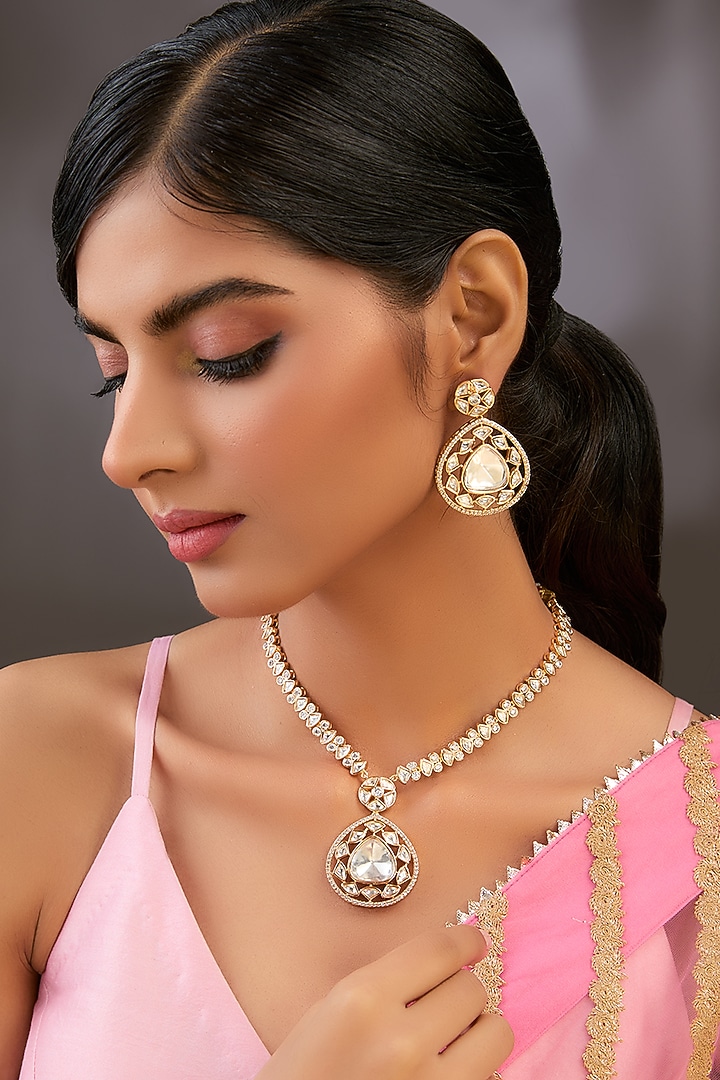 Gold Finish Zircon Long Necklace Set by Auraa Trends at Pernia's Pop Up Shop