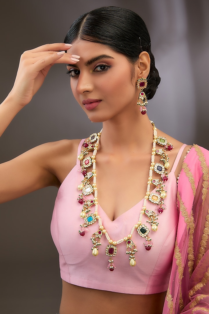 Gold Finish Kundan Polki & Navratna Stone Long Necklace Set by Auraa Trends at Pernia's Pop Up Shop