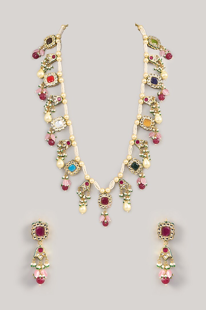Gold Finish Kundan Polki & Navratna Stone Long Necklace Set by Aura Trends at Pernia's Pop Up Shop