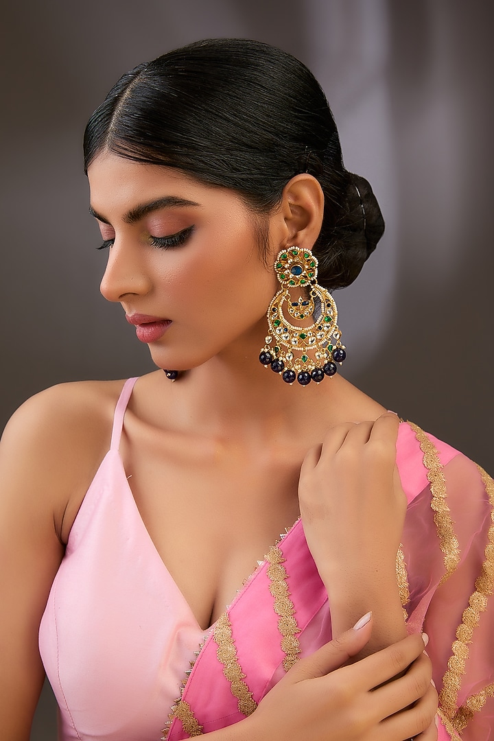 Gold Finish Kundan Polki & Pearl Chandbaali Earrings by Aura Trends at Pernia's Pop Up Shop