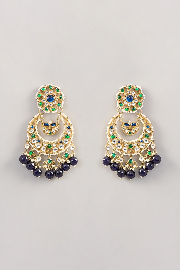 Gold Finish Kundan Polki & Pearl Chandbaali Earrings by Aura Trends at Pernia's Pop Up Shop