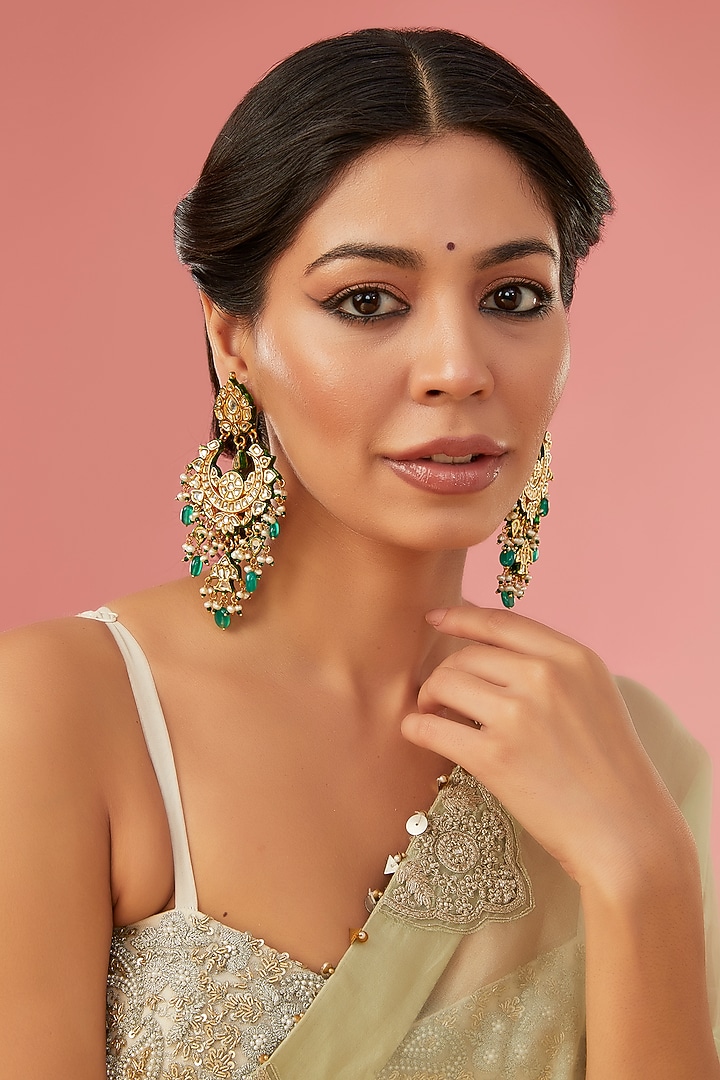 Gold Finish Kundan Polki Chandbaali Earrings by Auraa Trends at Pernia's Pop Up Shop