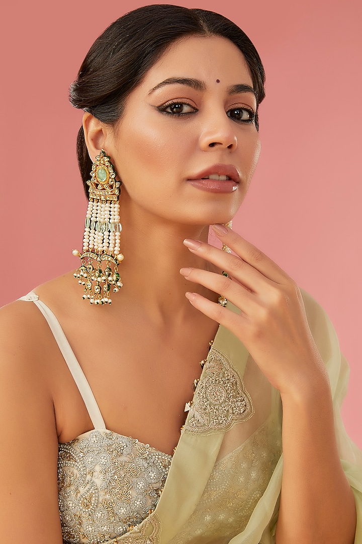 Gold Finish Kundan Polki Chandbaali Earrings by Aura Trends at Pernia's Pop Up Shop