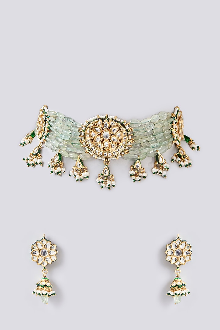 Gold Finish Kundan Polki & Beaded Choker Necklace Set by Aura Trends at Pernia's Pop Up Shop