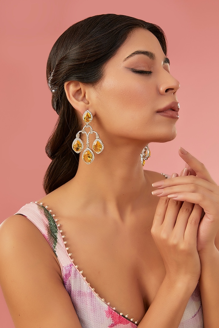 White Finish Cubic Zirconia & Yellow Stone Dangler Earrings by Aura Trends at Pernia's Pop Up Shop
