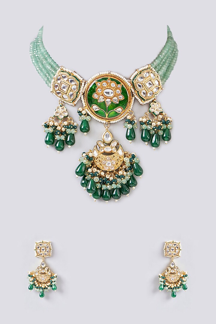 Gold Finish Kundan Polki Necklace Set by Aura Trends at Pernia's Pop Up Shop