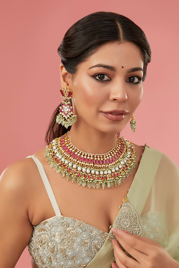 Gold Finish Kundan Polki & Sea Green Stone Necklace Set by Aura Trends at Pernia's Pop Up Shop