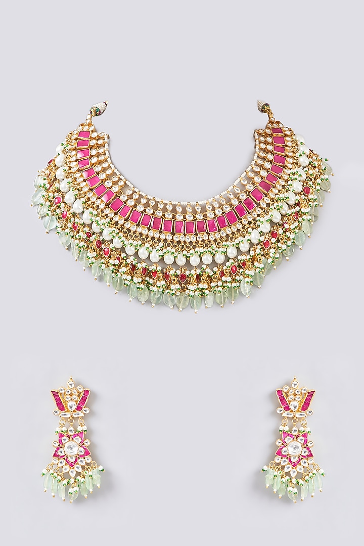 Gold Finish Kundan Polki & Sea Green Stone Necklace Set by Aura Trends at Pernia's Pop Up Shop