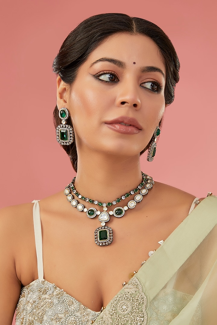 White Finish Green American Diamond Necklace Set by Aura Trends at Pernia's Pop Up Shop