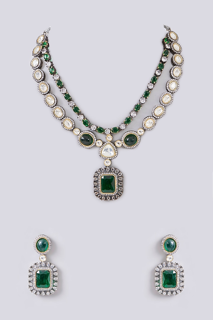 White Finish Green American Diamond Necklace Set by Aura Trends at Pernia's Pop Up Shop