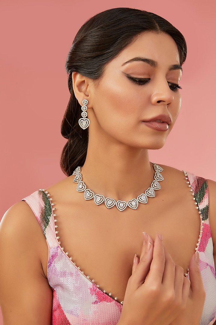 White Rhodium Finish American Diamond Necklace Set by Auraa Trends at Pernia's Pop Up Shop