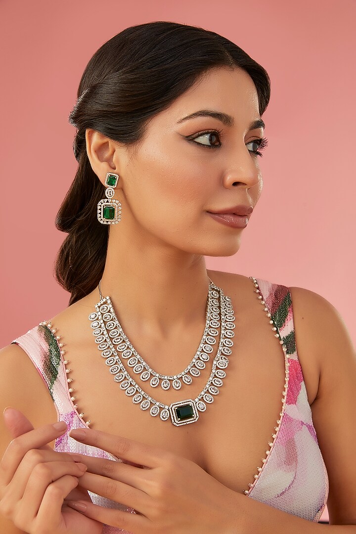 White Rhodium Finish American Diamond & Green Zircon Necklace Set by Aura Trends at Pernia's Pop Up Shop