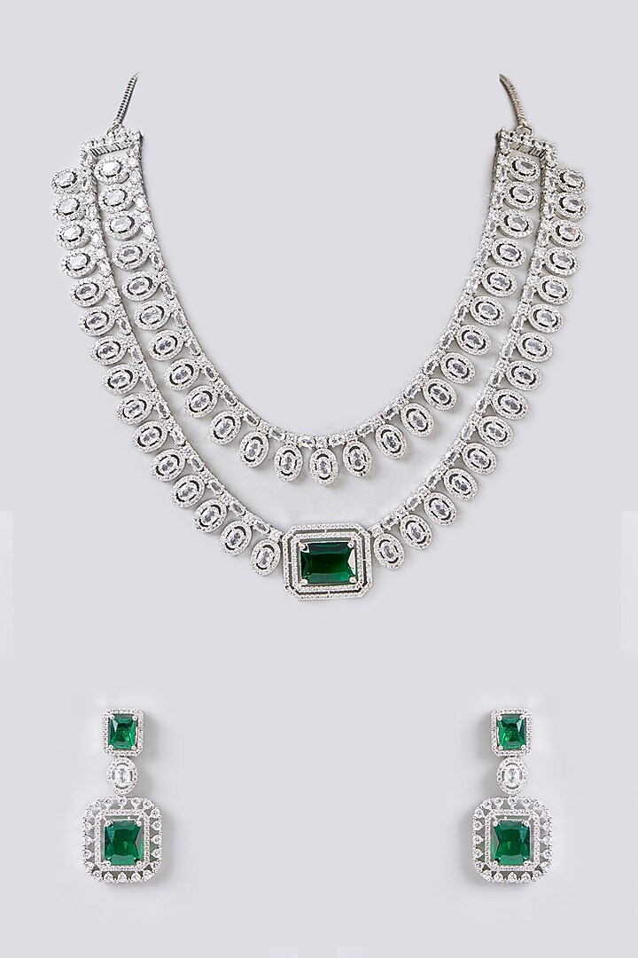 White Rhodium Finish American Diamond & Green Zircon Necklace Set by Aura Trends at Pernia's Pop Up Shop