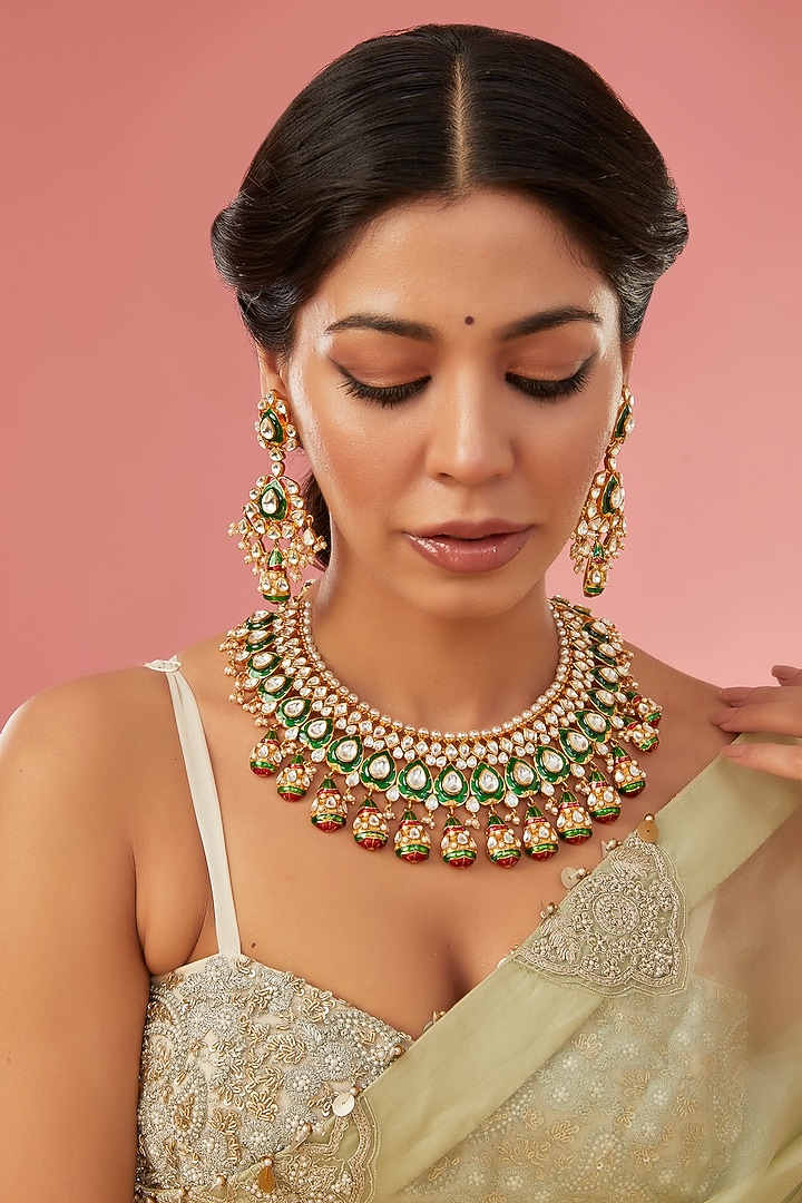 Gold Finish Kundan Polki Meenakari Necklace Set by Aura Trends at Pernia's Pop Up Shop