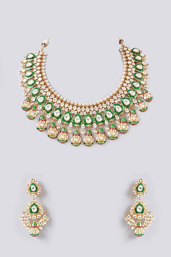 Gold Finish Kundan Polki Meenakari Necklace Set by Aura Trends at Pernia's Pop Up Shop