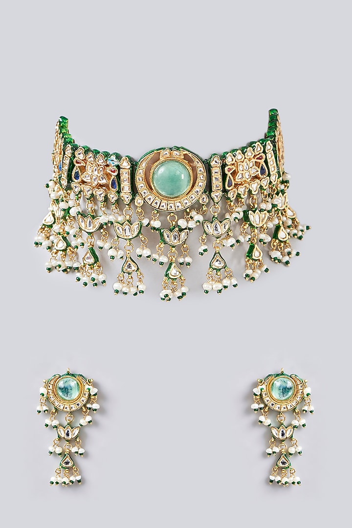 Gold Finish Kundan Polki & Beaded Choker Necklace Set by Aura Trends at Pernia's Pop Up Shop