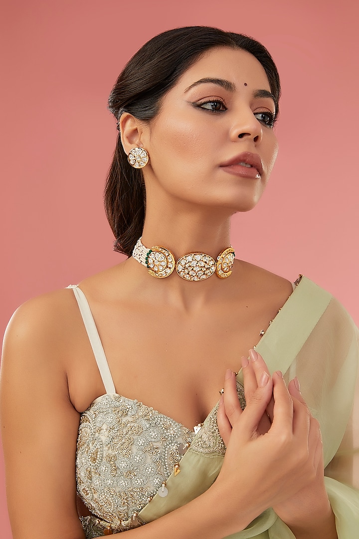 Gold Finish Kundan Polki Choker Necklace Set by Auraa Trends at Pernia's Pop Up Shop