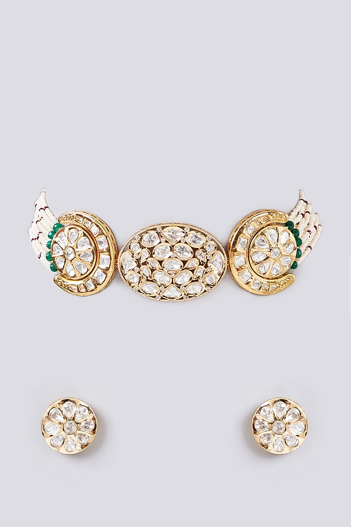 Gold Finish Kundan Polki Choker Necklace Set by Aura Trends at Pernia's Pop Up Shop