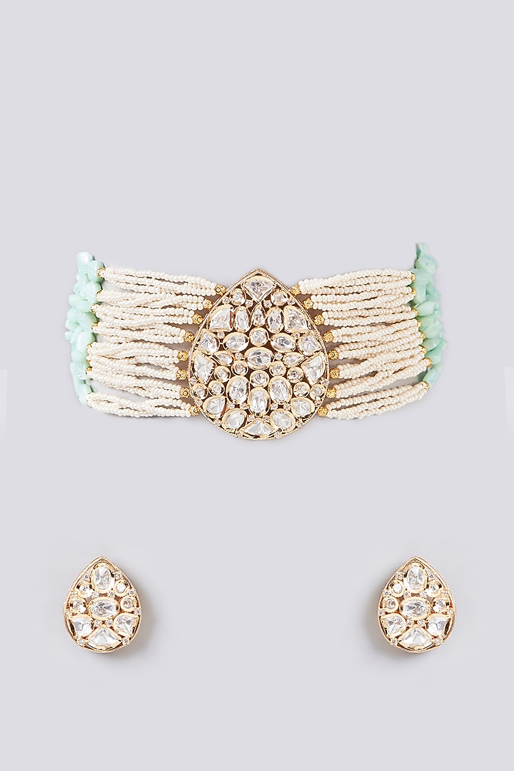 Gold Finish Kundan Polki & Beaded Choker Necklace Set by Aura Trends at Pernia's Pop Up Shop