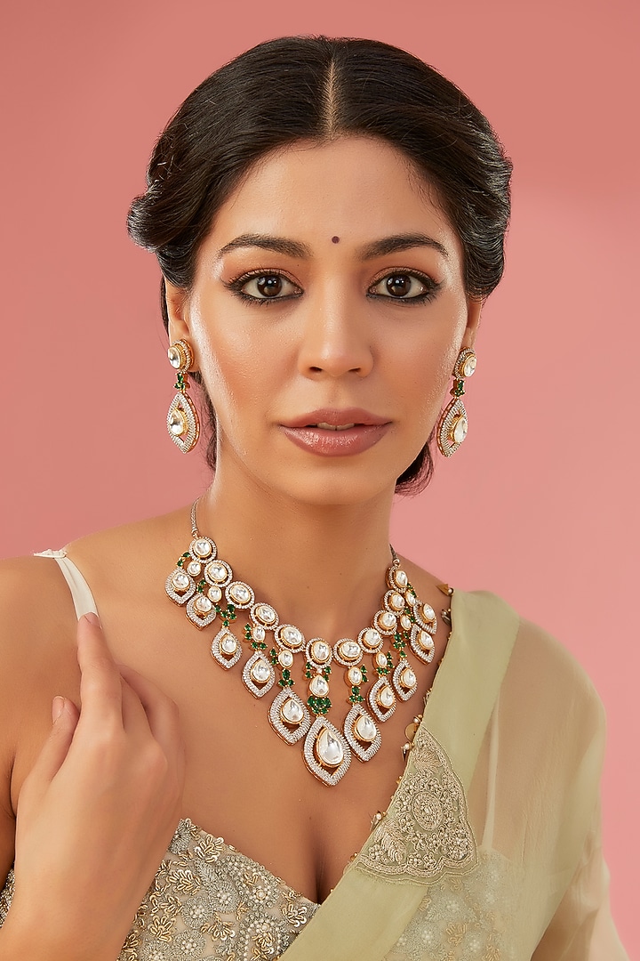 White Finish Kundan Polki & Green Zircon Layered Necklace Set by Aura Trends at Pernia's Pop Up Shop