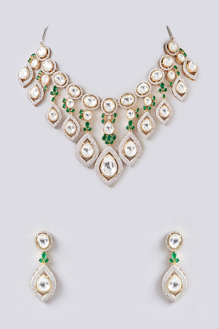 White Finish Kundan Polki & Green Zircon Layered Necklace Set by Aura Trends at Pernia's Pop Up Shop