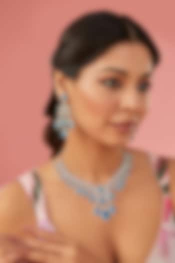 White Rhodium Finish American Diamond & Blue Zircon Necklace Set by Auraa Trends at Pernia's Pop Up Shop