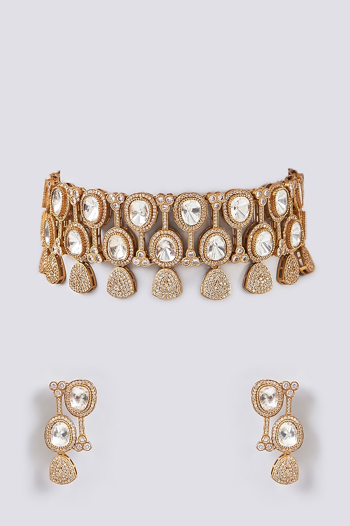 Gold Finish Kundan Polki Choker Necklace Set by Aura Trends at Pernia's Pop Up Shop